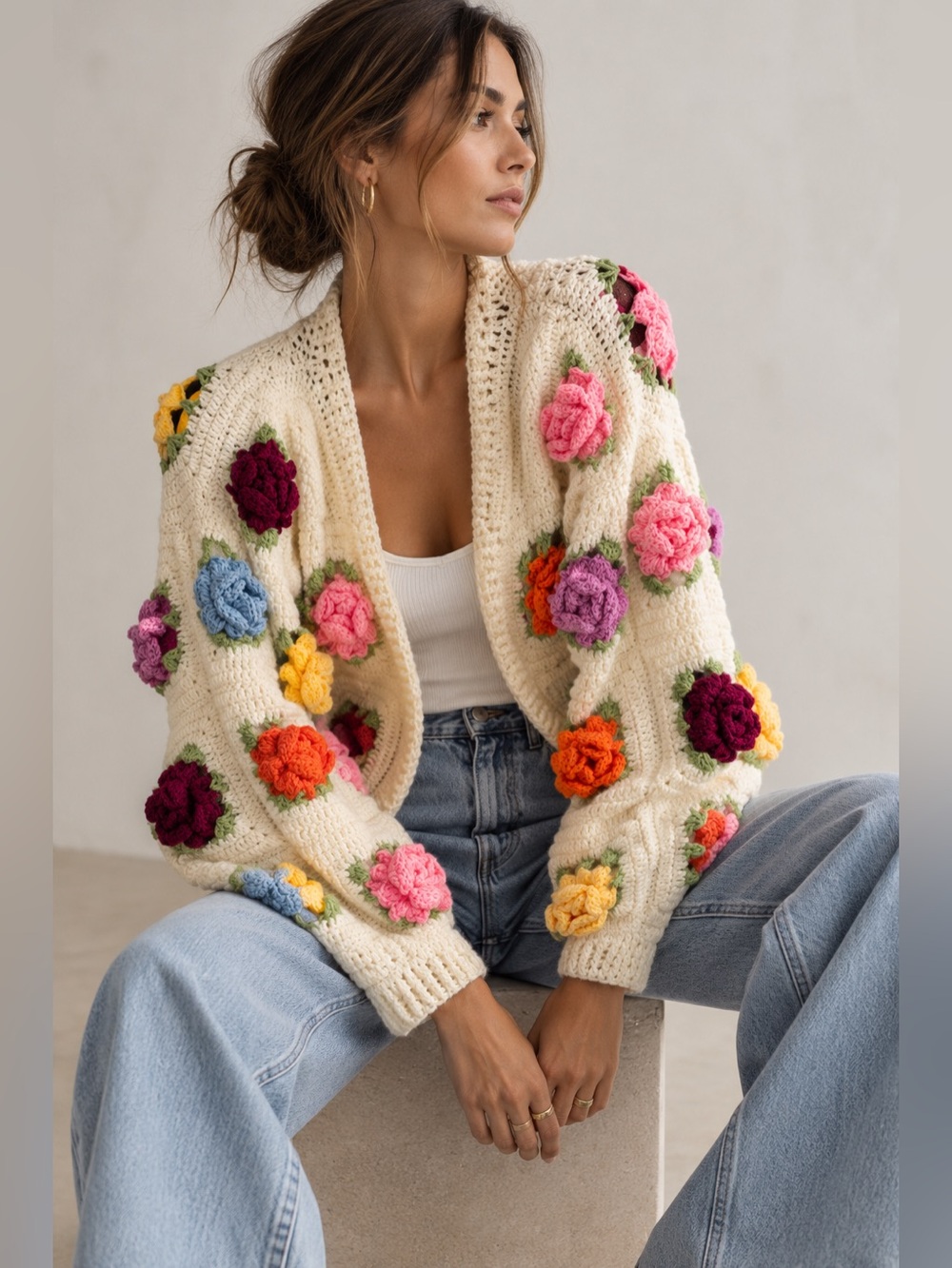 Handmade 3D Floral Crochet Cropped Cardigan Boho Rose Sweater